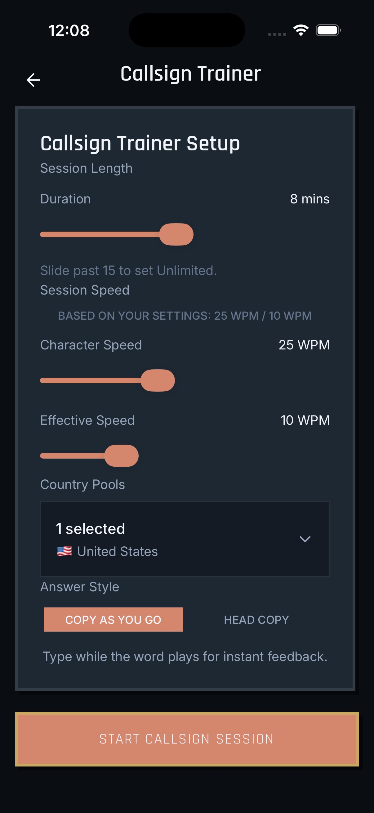 MorseForge Callsign Trainer setup screen