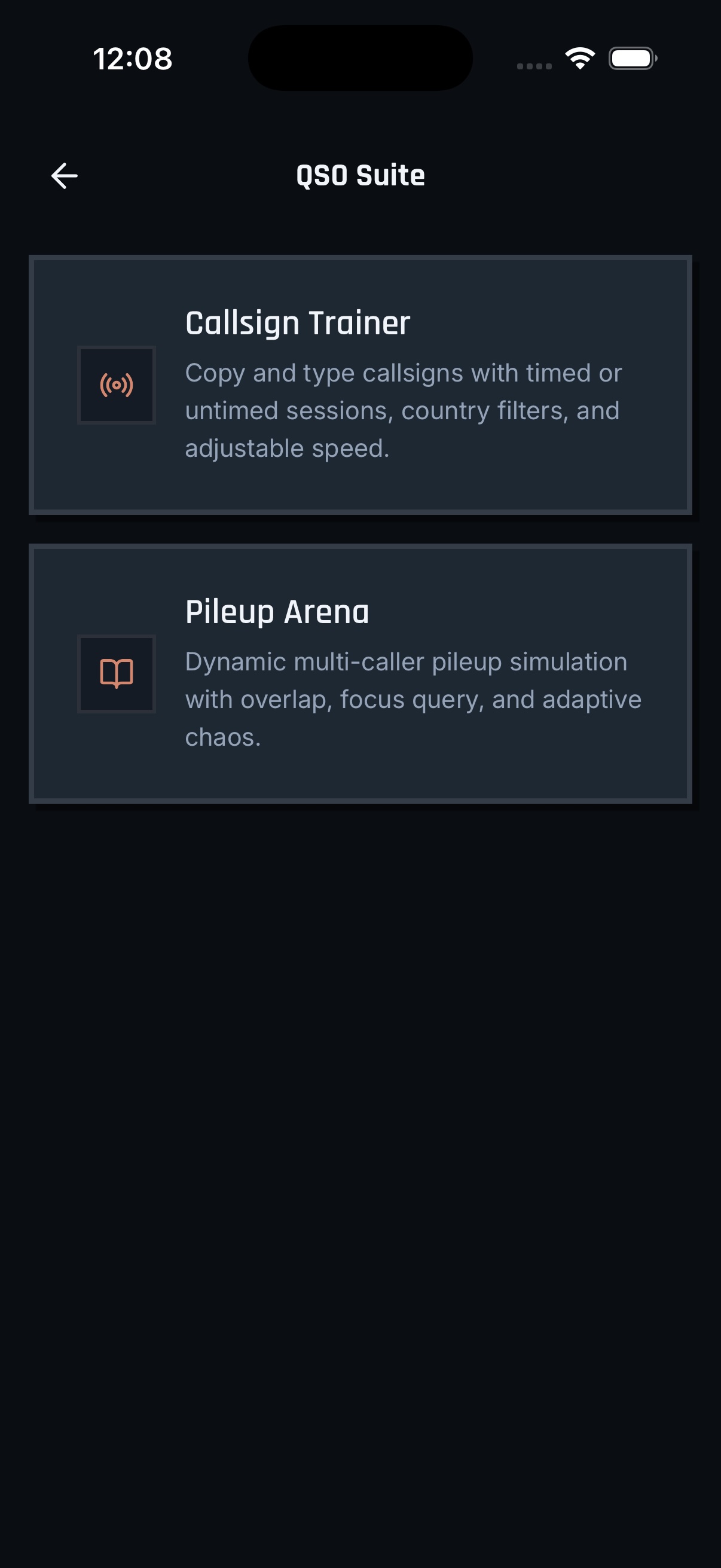 MorseForge QSO Suite hub with Callsign Trainer and Pileup Arena